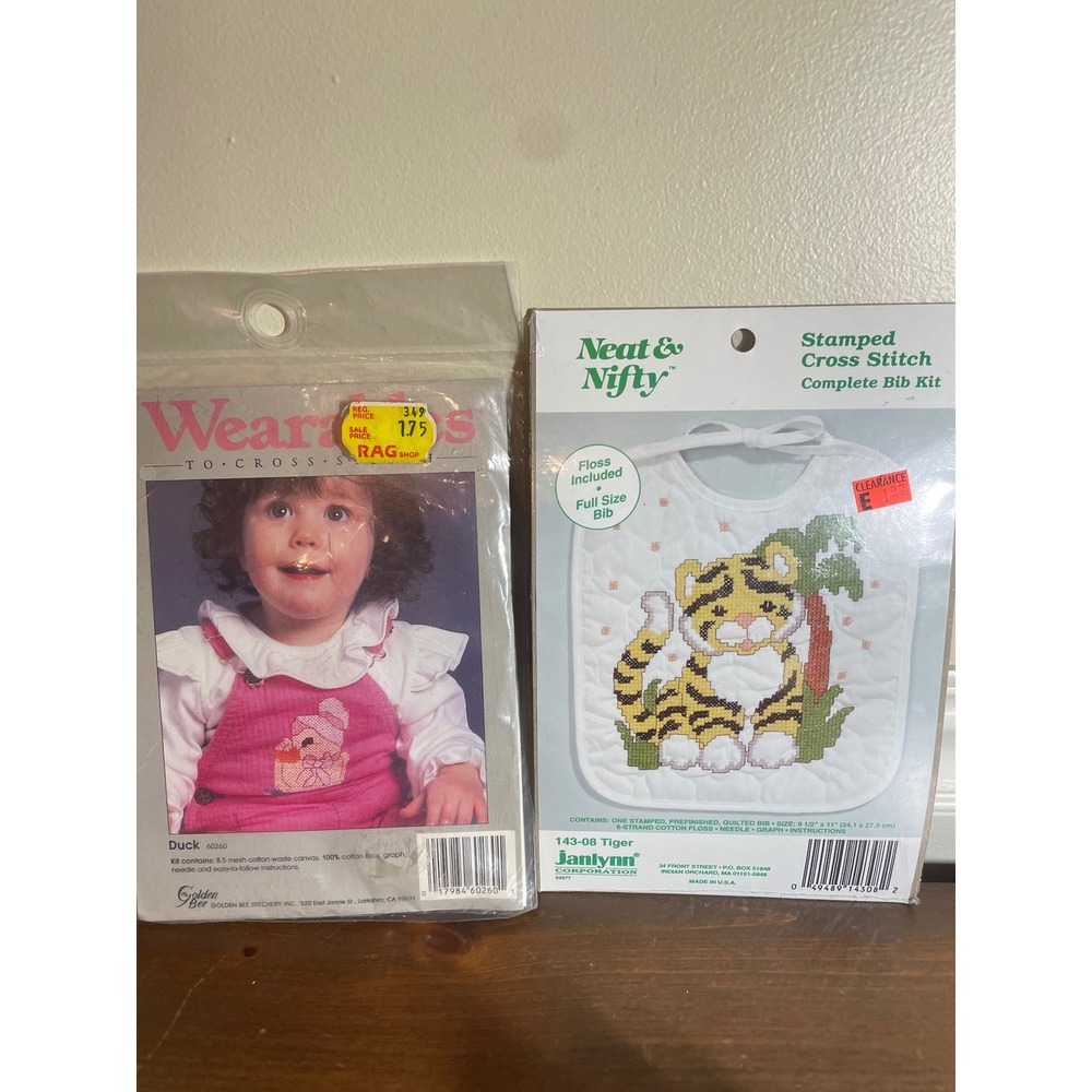 Vintage Janlynn Tiger Baby Bib & Golden Bee Duck Cross Stitch Kit Bundle